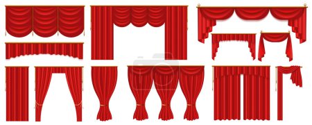 Ilustración de Cortinas rojas realistas mega conjunto en diseño gráfico plano. Elementos del paquete de diferentes formas de borde de seda textil interior para la decoración de escenarios de teatro. Ilustración vectorial objetos aislados - Imagen libre de derechos