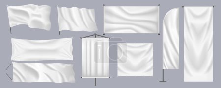 Illustration for Realistic textile banners mega set in flat graphic design. Bundle elements of different shapes of empty white flags, hanging posters, promotion sheets with poles. Vector illustration isolated objects - Royalty Free Image