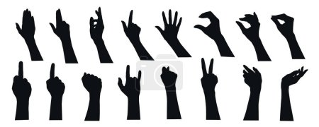 Ilustración de Mano gestos silueta mega conjunto en diseño gráfico plano. Elementos de colección de diferente expresión brazo humano, palma abierta, forma de corazón, dedo arriba, paz, roca, signos groseros, puño. Ilustración vectorial. - Imagen libre de derechos