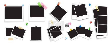 Illustration for Photo frames mockup mega set in flat graphic design. Collection elements of different empty photography square templates with pins or adhesive tapes for memory gallery and album. Vector illustration. - Royalty Free Image