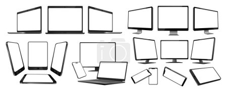 Realistische elektronische Geräte in flachem Grafikdesign. Sammlung von Elementen verschiedener Attrappen von Laptops, Breitbild-TV, Handys, Computern, Tablets mit leerem Bildschirm. Vektorillustration.