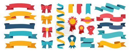 Illustration for Ribbons and tags mega set in flat graphic design. Collection elements of empty flying curve flags, award bows, vintage emblems, award medals, quality signs, bookmarks and tapes. Vector illustration. - Royalty Free Image