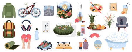 Illustration for Self care objects mega set in flat graphic design. Collection elements of travel and sports equipments, reading book, painting, writing, aromatherapy relax, spa items, other. Vector illustration. - Royalty Free Image