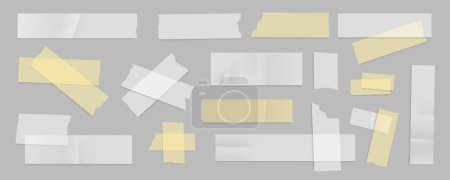 Illustration for Sticky paper stripes mega set in flat graphic design. Collection elements of different transparent adhesive tapes with torn edges, white and yellow ripped fix scotch templates. Vector illustration. - Royalty Free Image