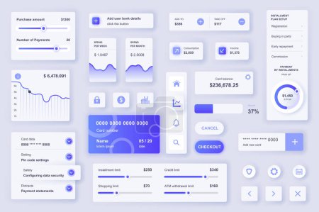 Illustration for User interface elements set for Banking mobile app or web. Kit template with HUD, financial statistic and management, credit card balance, limits, payments. Pack of UI, UX, GUI. Vector components. - Royalty Free Image