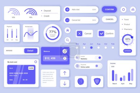 Illustration for User interface elements set for Banking mobile app or web. Kit template with HUD, financial management, deposit and credit, account balance, invoice, payments. Pack of UI, UX, GUI. Vector components. - Royalty Free Image