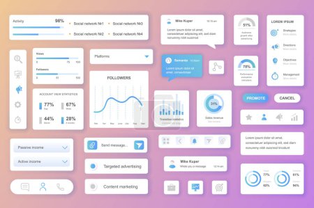Illustration for User interface elements set for Social network mobile app or web. Kit template with HUD, activity statistics, followers, income data, advertising, marketing. Pack of UI, UX, GUI. Vector components. - Royalty Free Image