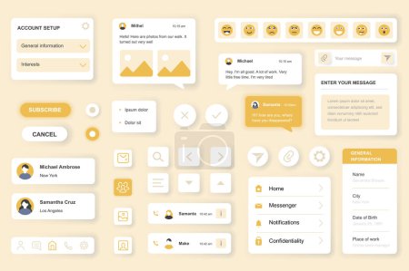 Illustration for User interface elements set for Messenger mobile app or web. Kit template with HUD, account setup, chats, emoji, subscribe, business network, online contacts. Pack of UI, UX, GUI. Vector components. - Royalty Free Image