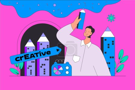 Illustration for Creative process concept in modern flat design for web. Man thinking and generating new ideas, finding drawing inspiration for project. Vector illustration for social media banner, marketing material. - Royalty Free Image