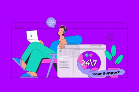 Illustration for Online support concept in modern flat design for web. Operator answering clients calling, chatting and solving technical problems. Vector illustration for social media banner, marketing material. - Royalty Free Image