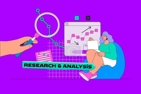 Illustration for Research and analysis concept in modern flat design for web. Woman doing market research and making report for project development. Vector illustration for social media banner, marketing material. - Royalty Free Image