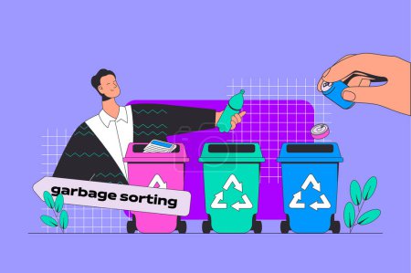 Illustration for Waste management concept in modern flat design for web. Man collecting and sorting garbage in different trash bin for recycling plant. Vector illustration for social media banner, marketing material. - Royalty Free Image