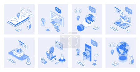 Booking 3d isometric concept set with isometry icons design for web. Collection of airplane route map, tickets searching, ordering luggage transportation, hotel room reservation. Vector illustration