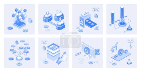 Illustration for Cryptocurrency 3d isometric concept set with isometric icons design for web. Collection of blockchain technology, trading and mining coins, bitcoins investments, financial growth. Vector illustration - Royalty Free Image