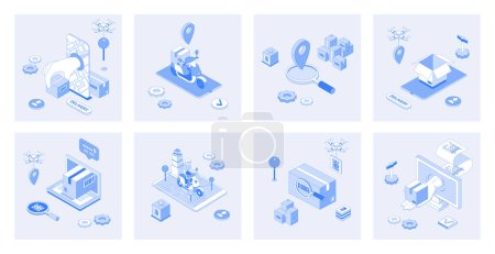 Illustration for Delivery service 3d isometric concept set with isometric icons design for web. Collection of courier delivering, fast shipping, online tracking location, parcel transportation. Vector illustration - Royalty Free Image
