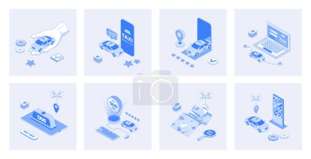Illustration for Taxi service 3d isometric concept set with isometric icons design for web. Collection of online car booking, map navigation in mobile app, ordering cab with best driver rating. Vector illustration - Royalty Free Image