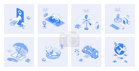 Illustration for Travelling 3d isometric concept set with isometric icons design for web. Collection of online tickets booking, passenger flight transportation, resort tour, summer trip location. Vector illustration - Royalty Free Image
