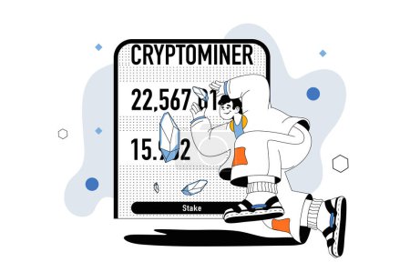 Illustration for Crypto mining outline web modern concept in flat line design. Man works as crypto miner, trading bitcoins and other digital currency. Vector illustration for social media banner, marketing material. - Royalty Free Image
