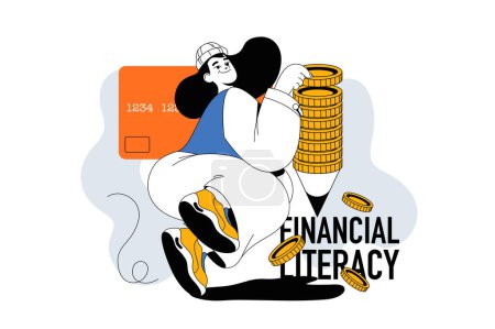 Illustration for Financial literacy outline web modern concept in flat line design. Woman analysis personal account and credit cards, planning budget. Vector illustration for social media banner, marketing material. - Royalty Free Image