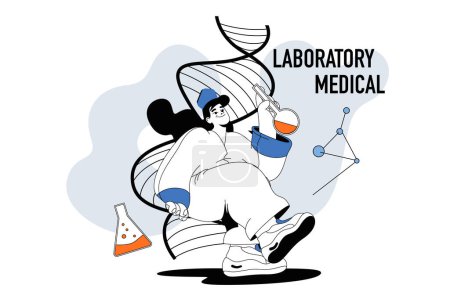 Illustration for Medical laboratory outline web modern concept in flat line design. Woman makes genetic tests and clinical researches in lab tubes. Vector illustration for social media banner, marketing material. - Royalty Free Image