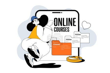 Illustration for Online courses outline web modern concept in flat line design. Woman studying at virtual educational platform with video lessons. Vector illustration for social media banner, marketing material. - Royalty Free Image