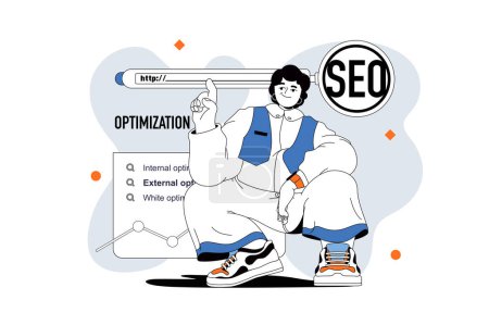 Illustration for Seo optimization outline web modern concept in flat line design. Woman analyzing online data, optimizing search engines site ranking. Vector illustration for social media banner, marketing material. - Royalty Free Image