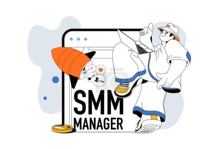 Illustration for SMM manager outline web modern concept in flat line design. Man analyzing social media trends and creating digital content in blogs. Vector illustration for social media banner, marketing material. - Royalty Free Image