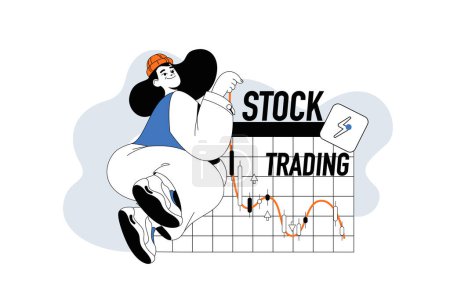 Illustration for Stock trading outline web modern concept in flat line design. Woman analyzing financial graph and investing money on exchange market. Vector illustration for social media banner, marketing material. - Royalty Free Image