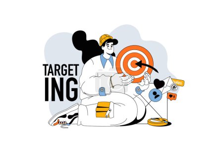 Illustration for Targeting outline web modern concept in flat line design. Woman achieving project goals, developing career and gets business progress. Vector illustration for social media banner, marketing material. - Royalty Free Image