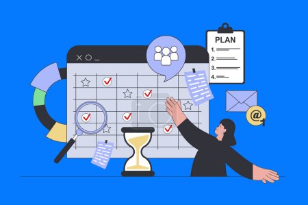 Illustration for Business planning concept in modern flat design for web. Woman making schedule with meetings at calendar, setting tasks and deadlines. Vector illustration for social media banner, marketing material. - Royalty Free Image