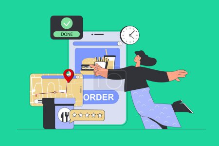 Illustration for Food delivery concept in modern flat design for web. Woman ordering lunch at restaurant with courier shipping and tracking package. Vector illustration for social media banner, marketing material. - Royalty Free Image