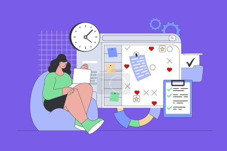 Illustration for Planning concept in modern flat design for web. Woman creating everyday schedule with events and notes at calendar, managing work time. Vector illustration for social media banner, marketing material. - Royalty Free Image