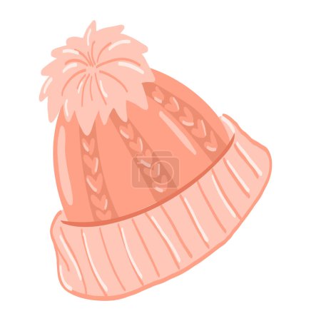 Illustration for Warm knitted hat in flat design. Seasonal headwear of beanie with pompom. Vector illustration isolated. - Royalty Free Image