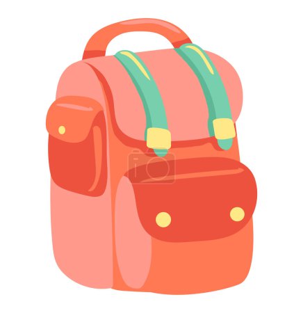 Ilustración de Mochila con bolsillos de diseño plano. Mochila de viaje o mochila roja. Ilustración vectorial aislada. - Imagen libre de derechos