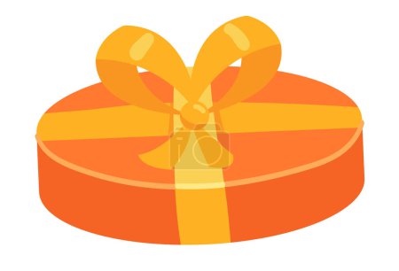 Téléchargez les illustrations : Coffret cadeau en design plat. Emballage cadeau rond orange avec ruban et noeud. Illustration vectorielle isolée. - en licence libre de droit