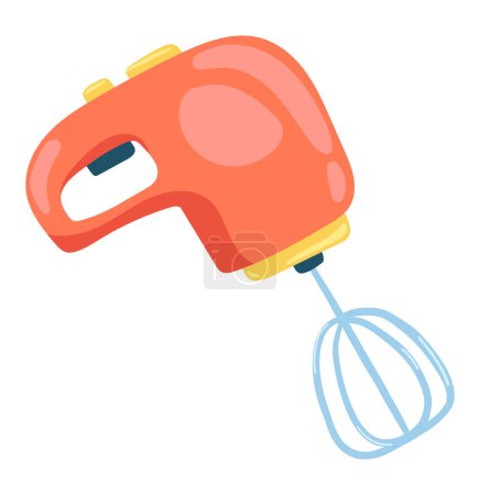 Illustration for Red hand mixer in flat design. Kitchenware appliance for mixing and blending. Vector illustration isolated. - Royalty Free Image