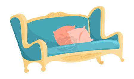 Téléchargez les illustrations : Canapé royal avec coussins au design plat. Canapé vintage de luxe avec oreillers. Illustration vectorielle isolée. - en licence libre de droit