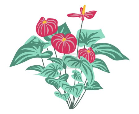 Téléchargez les illustrations : Lys Calla avec des feuilles au design plat. Fleurs en fleurs dans le feuillage de brousse. Illustration vectorielle isolée. - en licence libre de droit