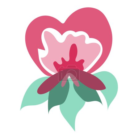 Ilustración de Cabeza de flor rosa con hojas de diseño plano. Pétalos abstractos floreciendo. Ilustración vectorial aislada. - Imagen libre de derechos