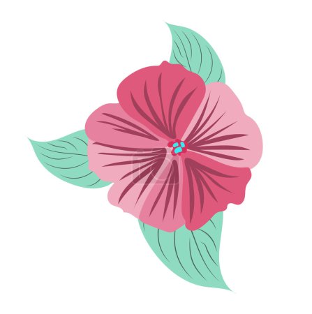 Téléchargez les illustrations : Pétunia rose abstrait au design plat. Tête florale fleurie avec des feuilles. Illustration vectorielle isolée. - en licence libre de droit