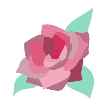 Ilustración de Cabeza de flor rosa abstracta de diseño plano. Flor rosa y roja con hojas. Ilustración vectorial aislada. - Imagen libre de derechos