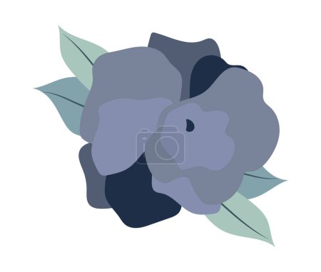 Illustration for Abstract rose with blue petals in flat design. Blossom plant with leaves. Vector illustration isolated. - Royalty Free Image