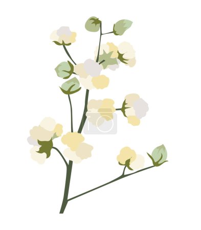 Illustration for Abstract cotton flowers on branch in flat design. Soft fluffy blossom twig. Vector illustration isolated. - Royalty Free Image