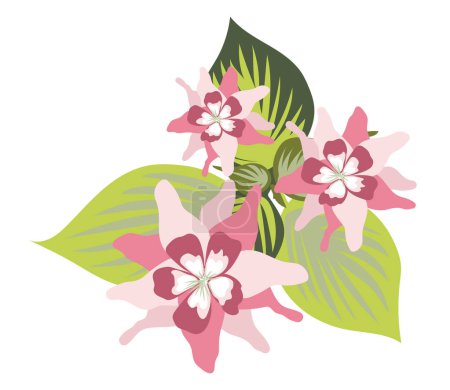 Illustration for Tropical flowers with leaves in flat design. Blooming fuchsia or orchids. Vector illustration isolated. - Royalty Free Image