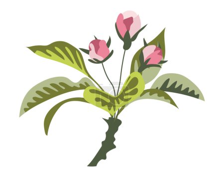 Ilustración de Brotes florales abstractos en rama en diseño plano. Hermoso ramo de rosas rosadas. Ilustración vectorial aislada. - Imagen libre de derechos
