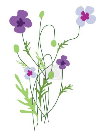 Ilustración de Flores de pradera púrpura de diseño plano. Flores silvestres florecientes de primavera. Ilustración vectorial aislada. - Imagen libre de derechos
