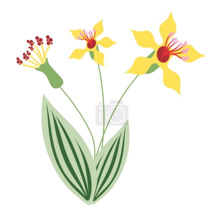 Ilustración de Flores tropicales amarillas abstractas de diseño plano. Orquídeas exóticas florecientes. Ilustración vectorial aislada. - Imagen libre de derechos
