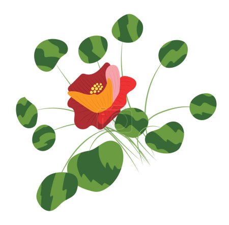 Illustration for Abstract red camellia with leaves in flat design. Decorative flower bouquet. Vector illustration isolated. - Royalty Free Image