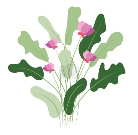 Ilustración de Arbusto de flores rosa abstracto de diseño plano. Flores decorativas con hojas. Ilustración vectorial aislada. - Imagen libre de derechos
