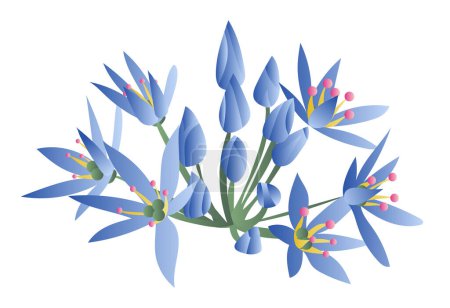 Illustration for Blue lily flowers in bush in flat design. Blooming spring blossoms. Vector illustration isolated. - Royalty Free Image